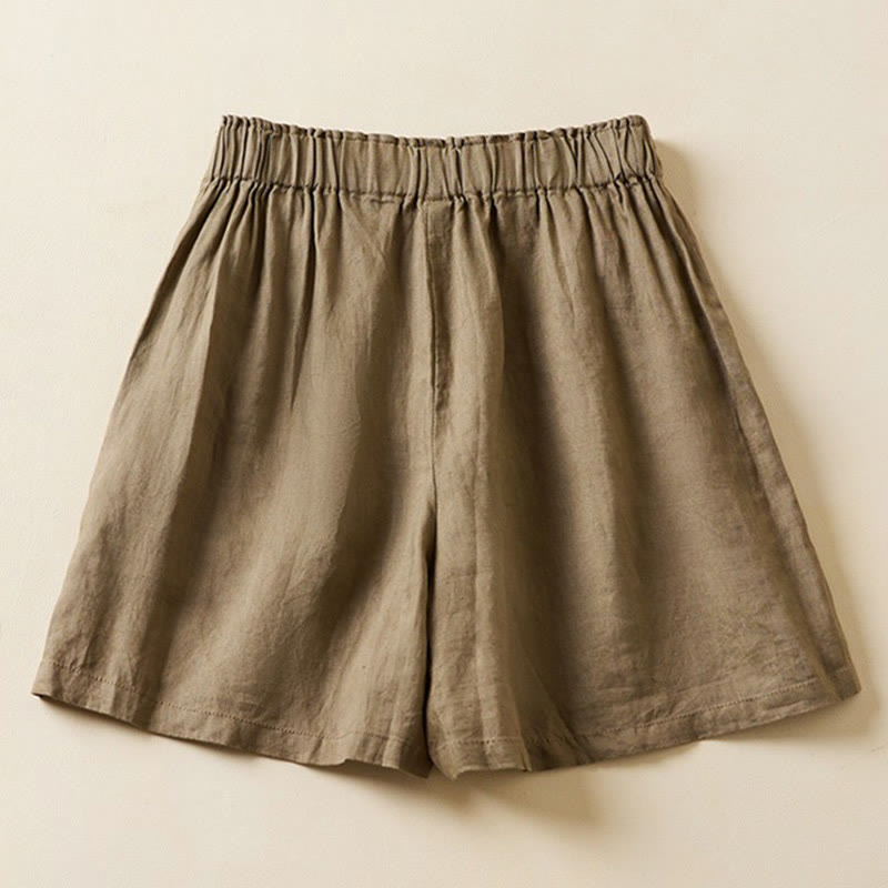 Buddha Stones - Einfarbige Shorts aus Baumwollleinen mit zwei Knöpfen und Schnürung und Taschen für Damen