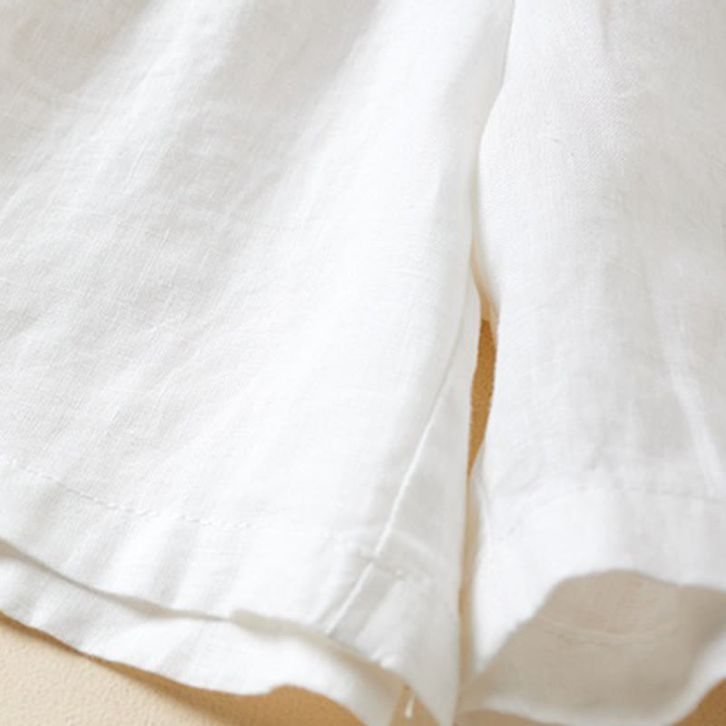 Buddha Stones - Einfarbige Shorts aus Baumwollleinen mit zwei Knöpfen und Schnürung und Taschen für Damen