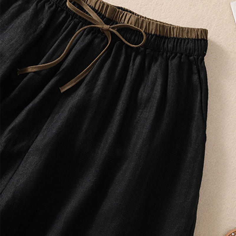Buddha Stones Einfarbige Shorts aus Baumwollleinen mit Kontrastfarbe in der Taille, Schnürung und Taschen für Damen