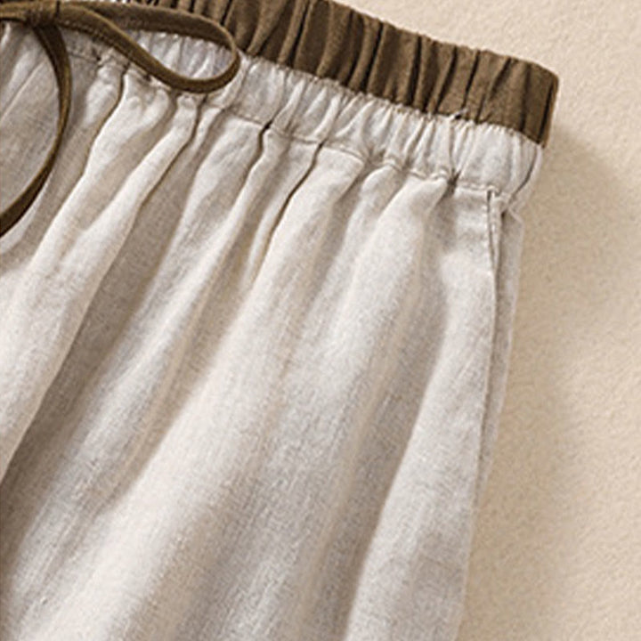 Buddha Stones Einfarbige Shorts aus Baumwollleinen mit Kontrastfarbe in der Taille, Schnürung und Taschen für Damen
