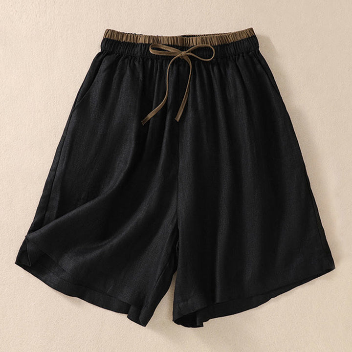 Buddha Stones Einfarbige Shorts aus Baumwollleinen mit Kontrastfarbe in der Taille, Schnürung und Taschen für Damen - Schwarz - US8-10， UK/AU12-14，EU40-42 (2XL) - image 9