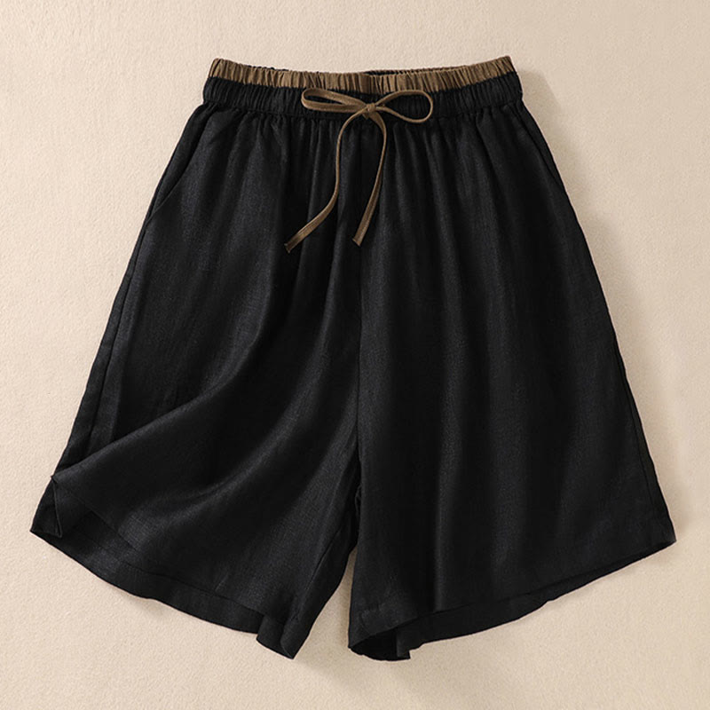 Buddha Stones Einfarbige Shorts aus Baumwollleinen mit Kontrastfarbe in der Taille, Schnürung und Taschen für Damen