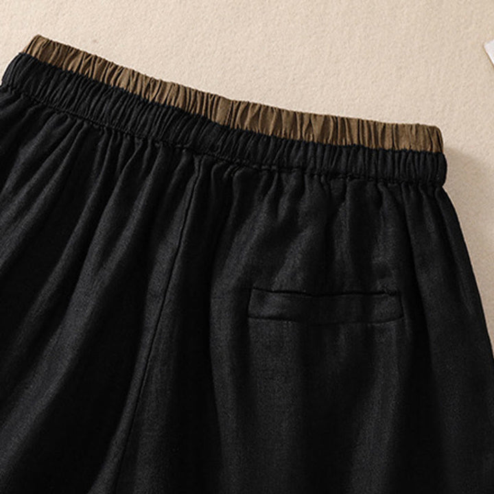 Buddha Stones Einfarbige Shorts aus Baumwollleinen mit Kontrastfarbe in der Taille, Schnürung und Taschen für Damen
