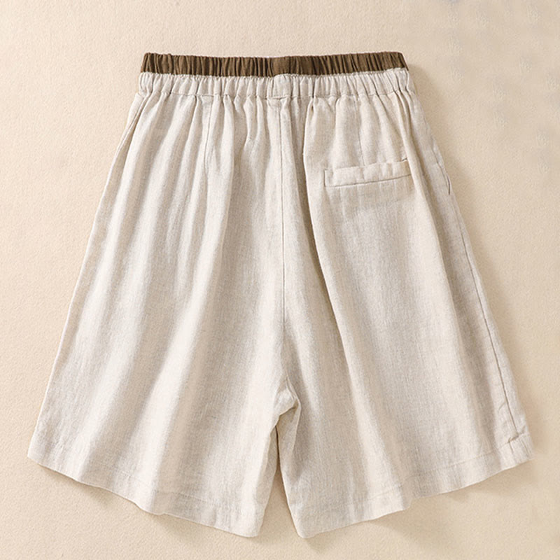 Buddha Stones Einfarbige Shorts aus Baumwollleinen mit Kontrastfarbe in der Taille, Schnürung und Taschen für Damen