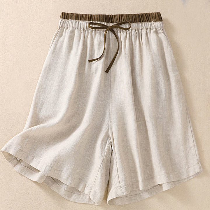 Buddha Stones Einfarbige Shorts aus Baumwollleinen mit Kontrastfarbe in der Taille, Schnürung und Taschen für Damen