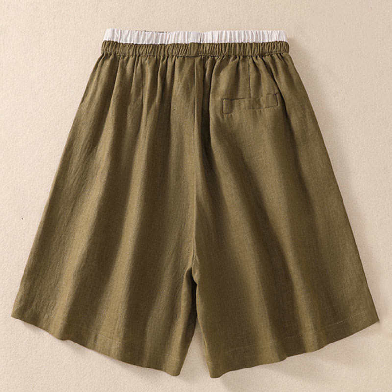 Buddha Stones Einfarbige Shorts aus Baumwollleinen mit Kontrastfarbe in der Taille, Schnürung und Taschen für Damen
