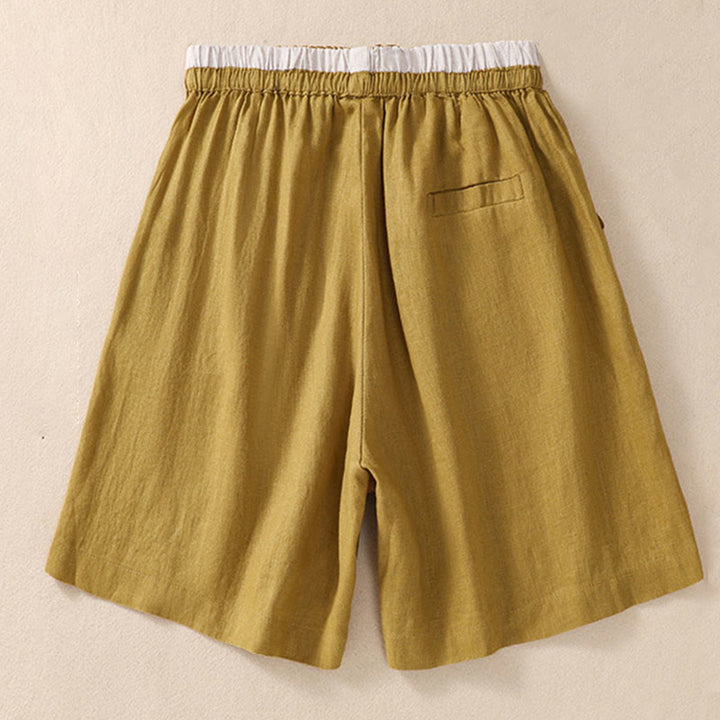 Buddha Stones Einfarbige Shorts aus Baumwollleinen mit Kontrastfarbe in der Taille, Schnürung und Taschen für Damen