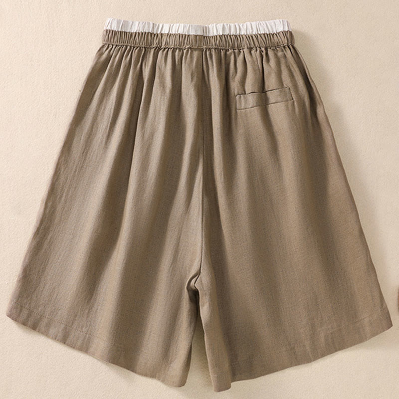 Buddha Stones Einfarbige Shorts aus Baumwollleinen mit Kontrastfarbe in der Taille, Schnürung und Taschen für Damen