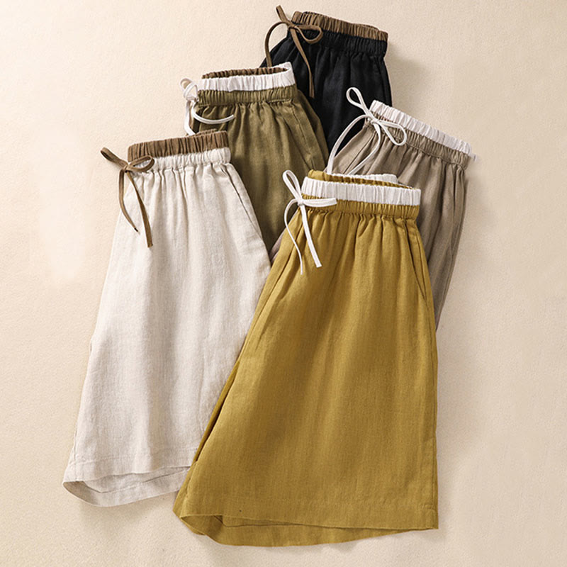 Buddha Stones Einfarbige Shorts aus Baumwollleinen mit Kontrastfarbe in der Taille, Schnürung und Taschen für Damen