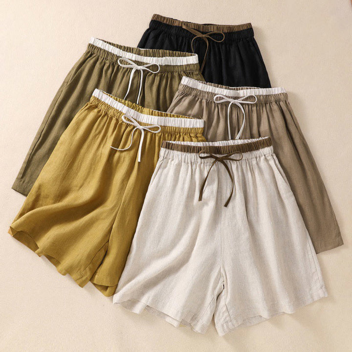 Buddha Stones Einfarbige Shorts aus Baumwollleinen mit Kontrastfarbe in der Taille, Schnürung und Taschen für Damen