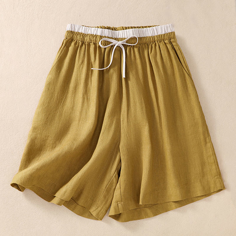 Buddha Stones Einfarbige Shorts aus Baumwollleinen mit Kontrastfarbe in der Taille, Schnürung und Taschen für Damen
