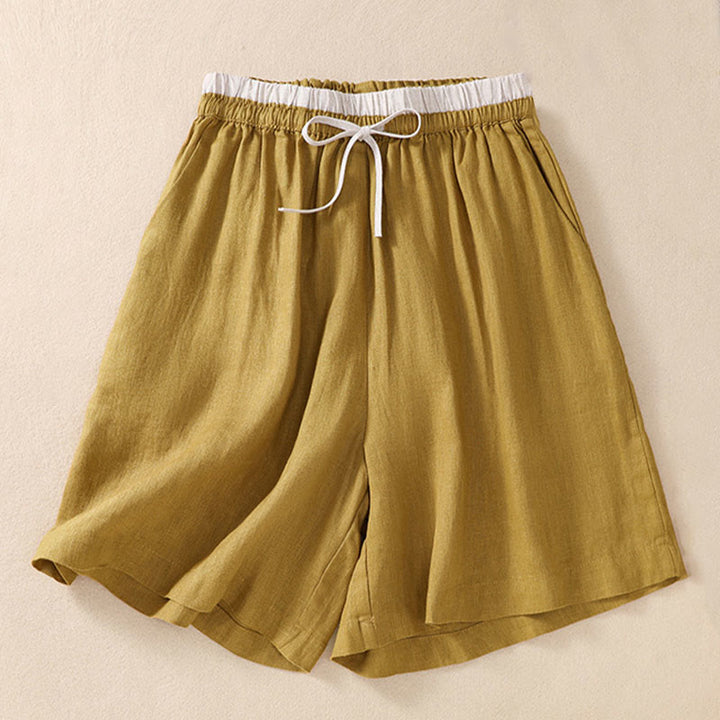 Buddha Stones Einfarbige Shorts aus Baumwollleinen mit Kontrastfarbe in der Taille, Schnürung und Taschen für Damen