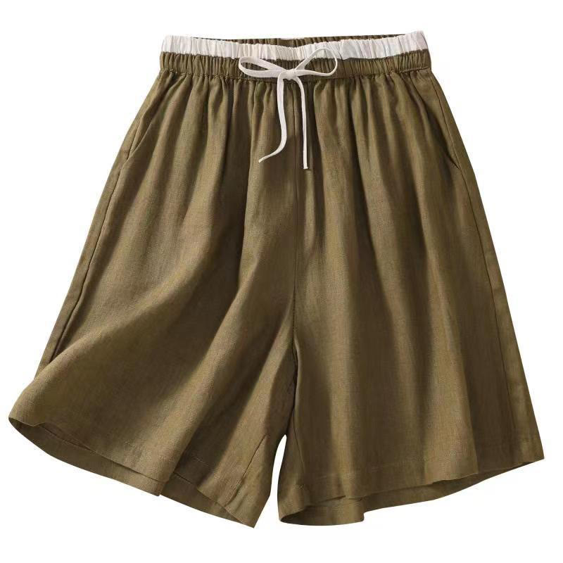 Buddha Stones Einfarbige Shorts aus Baumwollleinen mit Kontrastfarbe in der Taille, Schnürung und Taschen für Damen