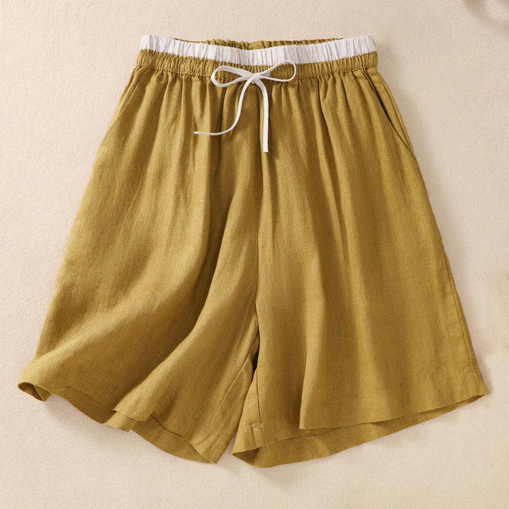 Buddha Stones Einfarbige Shorts aus Baumwollleinen mit Kontrastfarbe in der Taille, Schnürung und Taschen für Damen - image 21