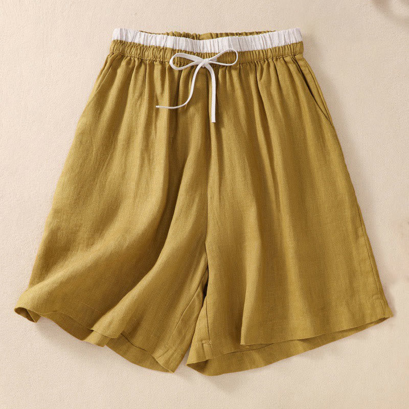 Buddha Stones Einfarbige Shorts aus Baumwollleinen mit Kontrastfarbe in der Taille, Schnürung und Taschen für Damen