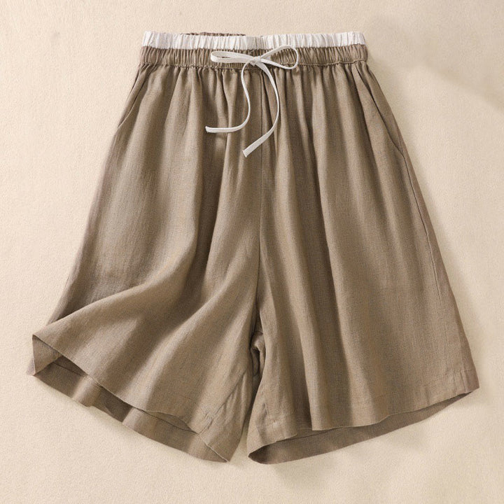 Buddha Stones Einfarbige Shorts aus Baumwollleinen mit Kontrastfarbe in der Taille, Schnürung und Taschen für Damen