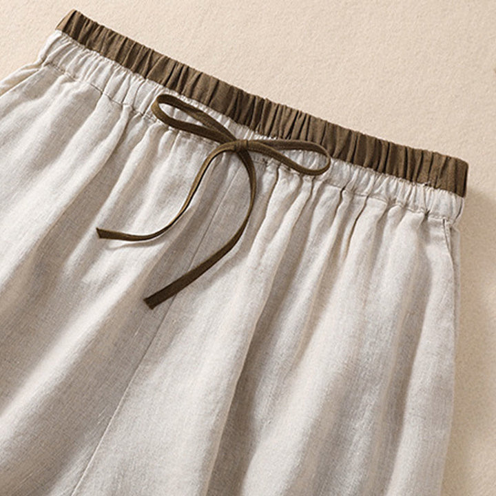 Buddha Stones Einfarbige Shorts aus Baumwollleinen mit Kontrastfarbe in der Taille, Schnürung und Taschen für Damen