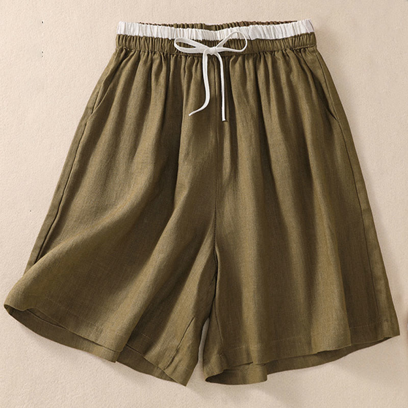 Buddha Stones Einfarbige Shorts aus Baumwollleinen mit Kontrastfarbe in der Taille, Schnürung und Taschen für Damen