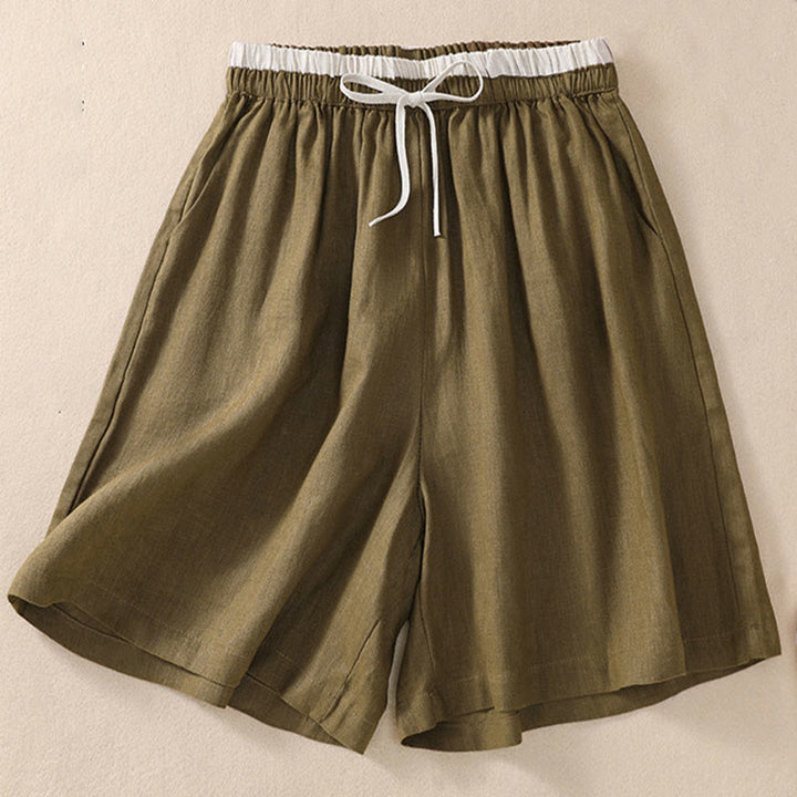 Buddha Stones Einfarbige Shorts aus Baumwollleinen mit Kontrastfarbe in der Taille, Schnürung und Taschen für Damen