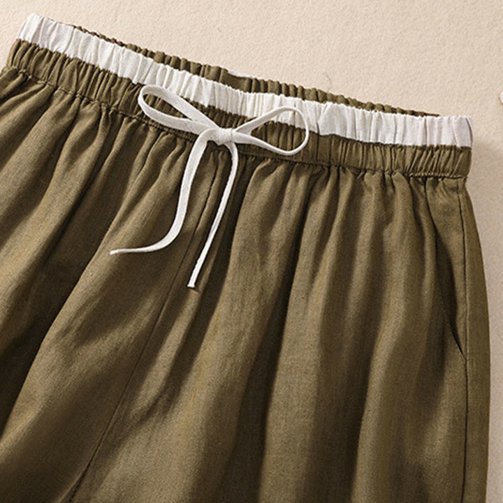 Buddha Stones Einfarbige Shorts aus Baumwollleinen mit Kontrastfarbe in der Taille, Schnürung und Taschen für Damen