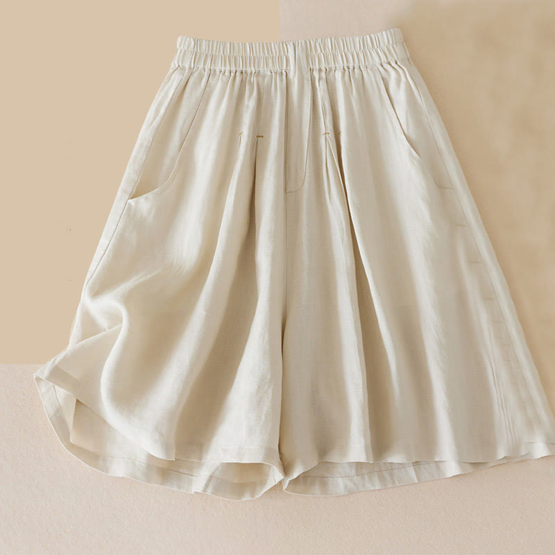 Buddha Stones Lässige, einfarbige Shorts aus Baumwollleinen für Damen mit Taschen - Beige - US12， UK/AU16，EU44 (3XL) - image 0