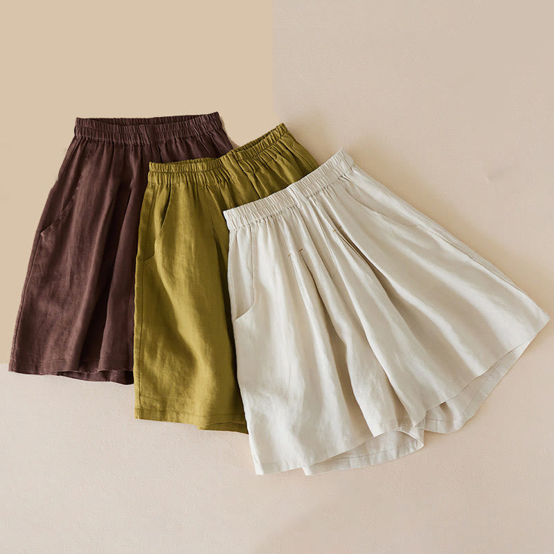 Buddha Stones Lässige, einfarbige Shorts aus Baumwollleinen für Damen mit Taschen - image 1