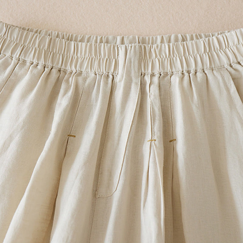 Buddha Stones Lässige, einfarbige Shorts aus Baumwollleinen für Damen mit Taschen - image 3