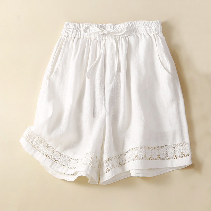 Buddha Stones - Unifarbene Shorts aus Baumwollleinen mit hohlem Spitzendesign und Taschen - Weiß - US12， UK/AU16，EU44 (3XL) - image 11