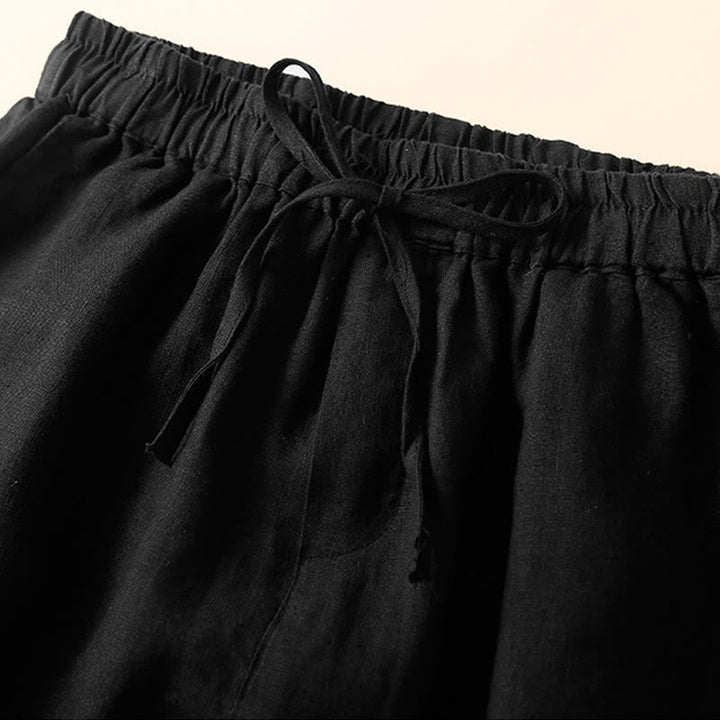 Buddha Stones - Unifarbene Shorts aus Baumwollleinen mit hohlem Spitzendesign und Taschen - image 18