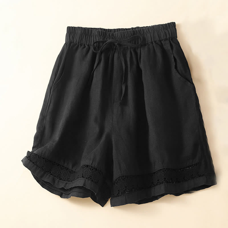 Buddha Stones - Unifarbene Shorts aus Baumwollleinen mit hohlem Spitzendesign und Taschen - Schwarz - US12， UK/AU16，EU44 (3XL) - image 17