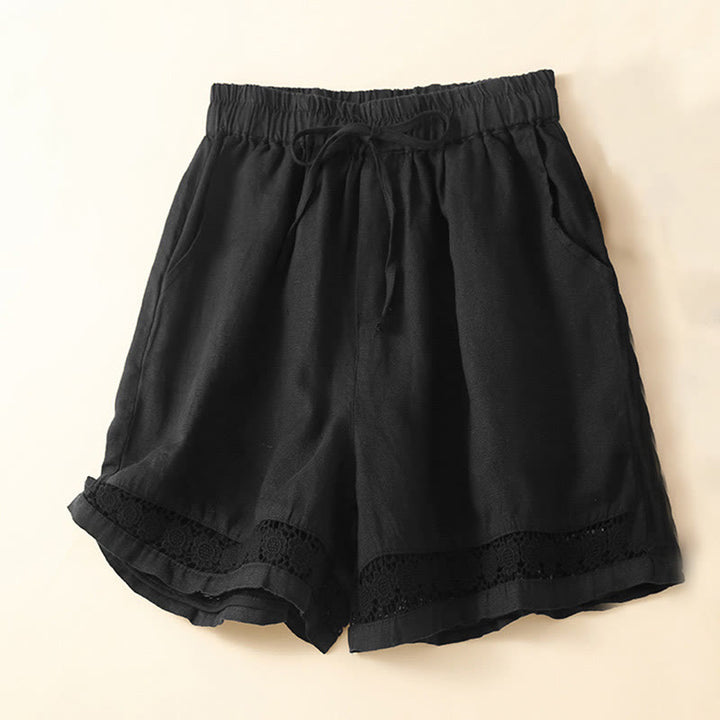 Buddha Stones - Unifarbene Shorts aus Baumwollleinen mit hohlem Spitzendesign und Taschen - Schwarz - US12， UK/AU16，EU44 (3XL) - image 17
