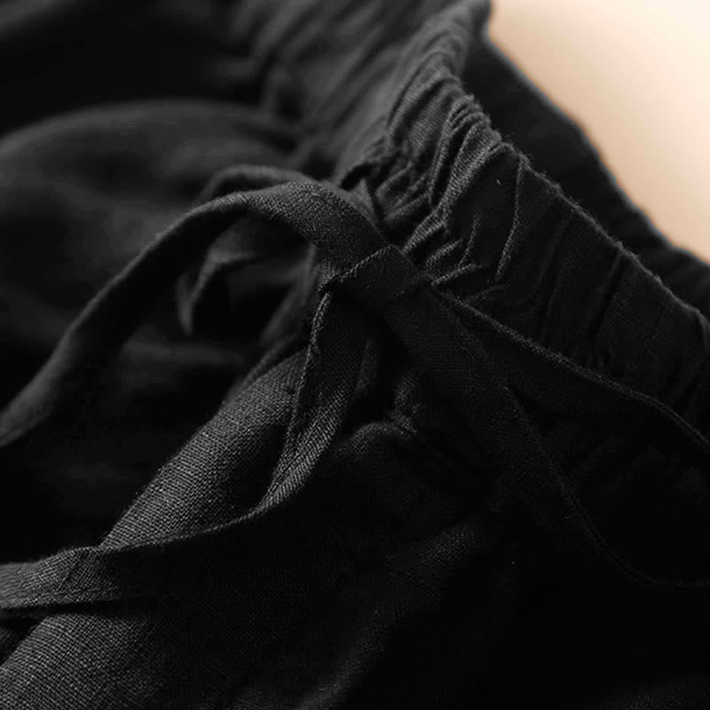 Buddha Stones - Unifarbene Shorts aus Baumwollleinen mit hohlem Spitzendesign und Taschen - image 20