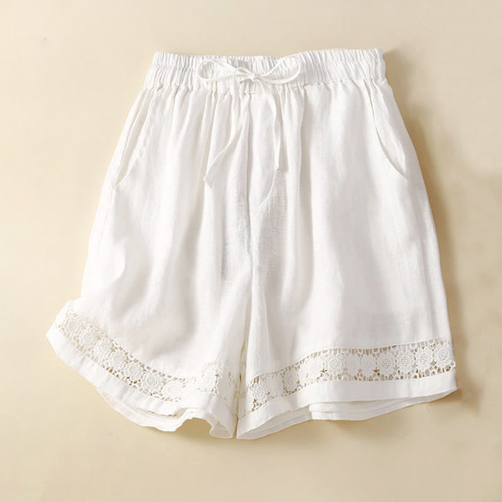 Buddha Stones Damen-Shorts aus Baumwolle mit einfarbiger Unterseite, hohlem Spitzendesign und Schnürung und Taschen - Weiß - US12， UK/AU16，EU44 (3XL) - image 10