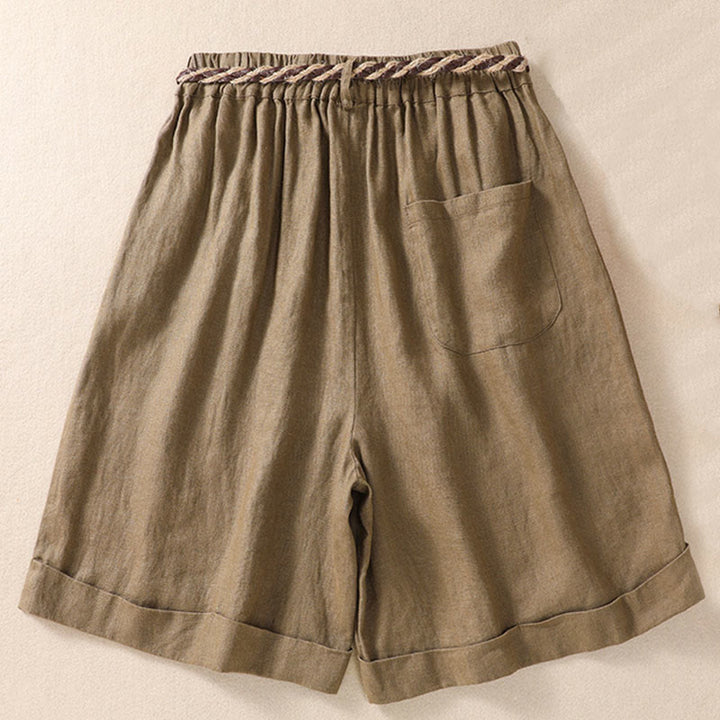 Buddha Stones Lässige, einfarbige Shorts aus Baumwollleinen mit umgeschlagenem Bündchen und Taschen - image 2