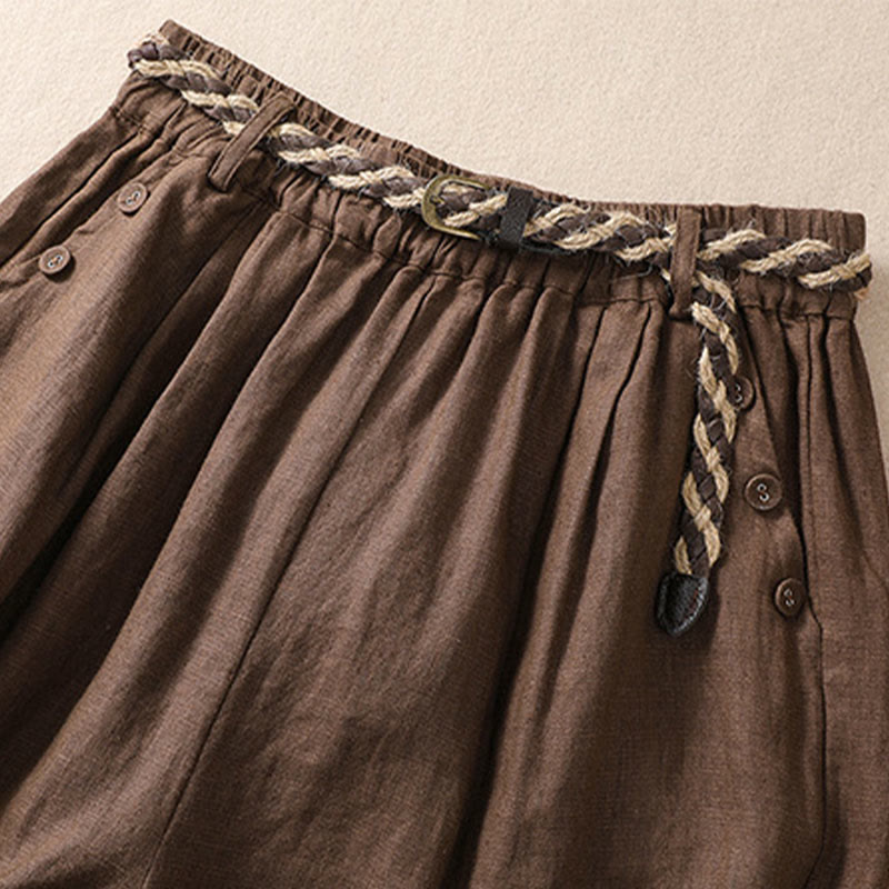 Buddha Stones Lässige, einfarbige Shorts aus Baumwollleinen mit umgeschlagenem Bündchen und Taschen - image 13