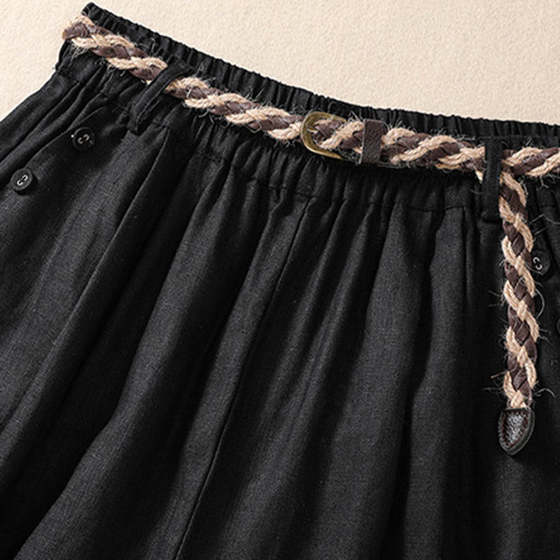 Buddha Stones Lässige, einfarbige Shorts aus Baumwollleinen mit umgeschlagenem Bündchen und Taschen - image 10