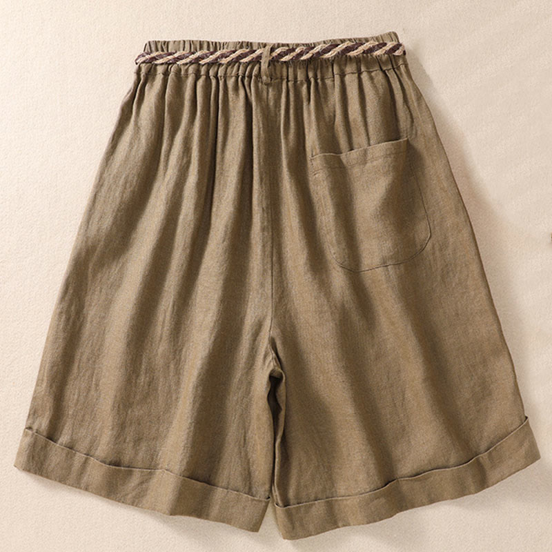 Buddha Stones Lässige, einfarbige Shorts aus Baumwollleinen mit umgeschlagenem Bündchen und Taschen - image 2