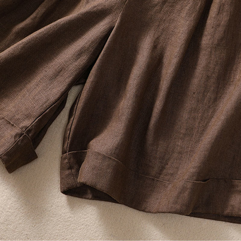 Buddha Stones Lässige, einfarbige Shorts aus Baumwollleinen mit umgeschlagenem Bündchen und Taschen