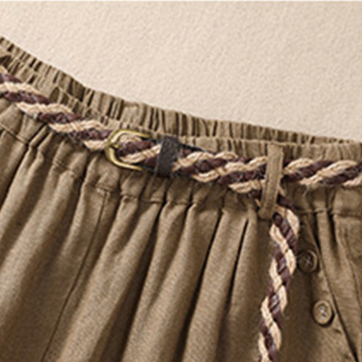 Buddha Stones Lässige, einfarbige Shorts aus Baumwollleinen mit umgeschlagenem Bündchen und Taschen - image 3