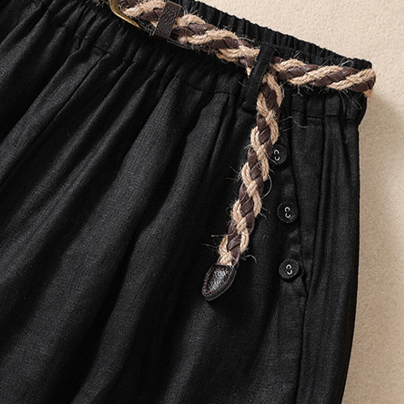 Buddha Stones Lässige, einfarbige Shorts aus Baumwollleinen mit umgeschlagenem Bündchen und Taschen - image 11