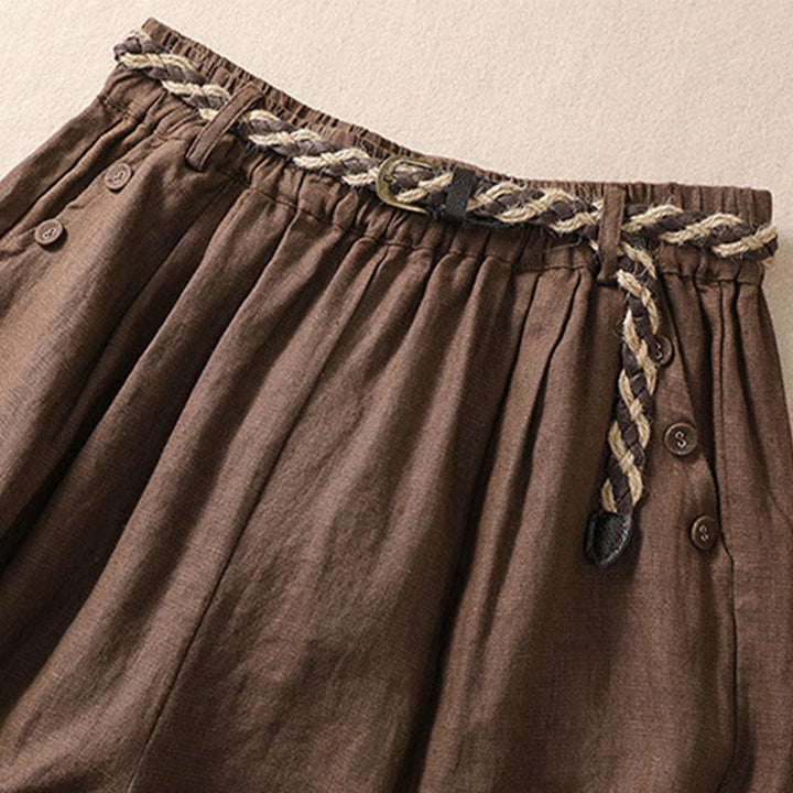 Buddha Stones Lässige, einfarbige Shorts aus Baumwollleinen mit umgeschlagenem Bündchen und Taschen - image 13