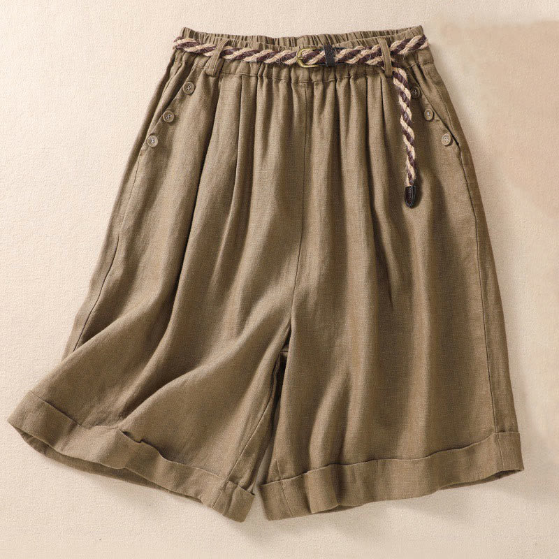 Buddha Stones Lässige, einfarbige Shorts aus Baumwollleinen mit umgeschlagenem Bündchen und Taschen - Dunkelkhaki - US8-10, UK/AU12-14, EU40-42 (2XL) - image 0