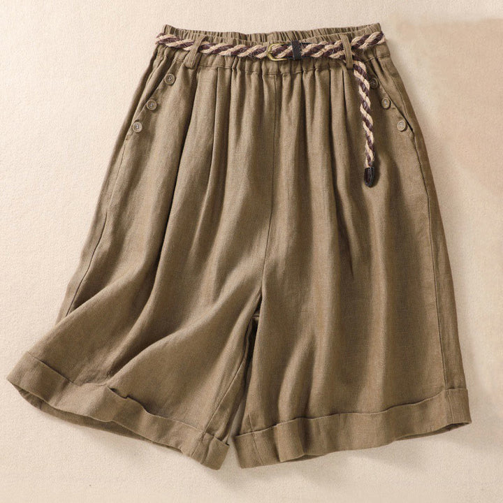 Buddha Stones Lässige, einfarbige Shorts aus Baumwollleinen mit umgeschlagenem Bündchen und Taschen - Dunkelkhaki - US8-10, UK/AU12-14, EU40-42 (2XL) - image 0