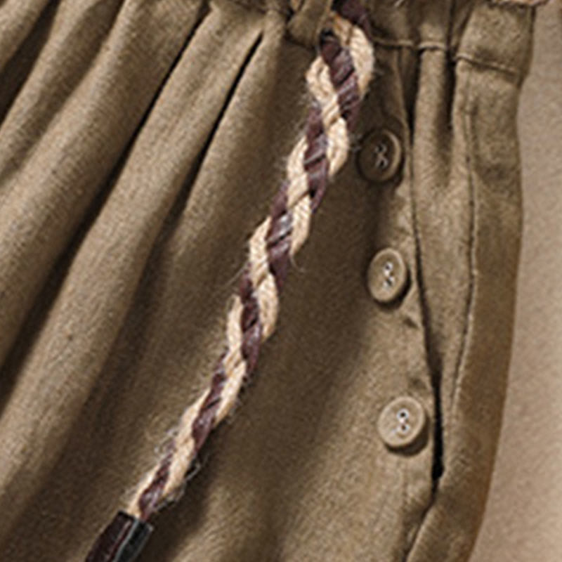 Buddha Stones Lässige, einfarbige Shorts aus Baumwollleinen mit umgeschlagenem Bündchen und Taschen - image 4