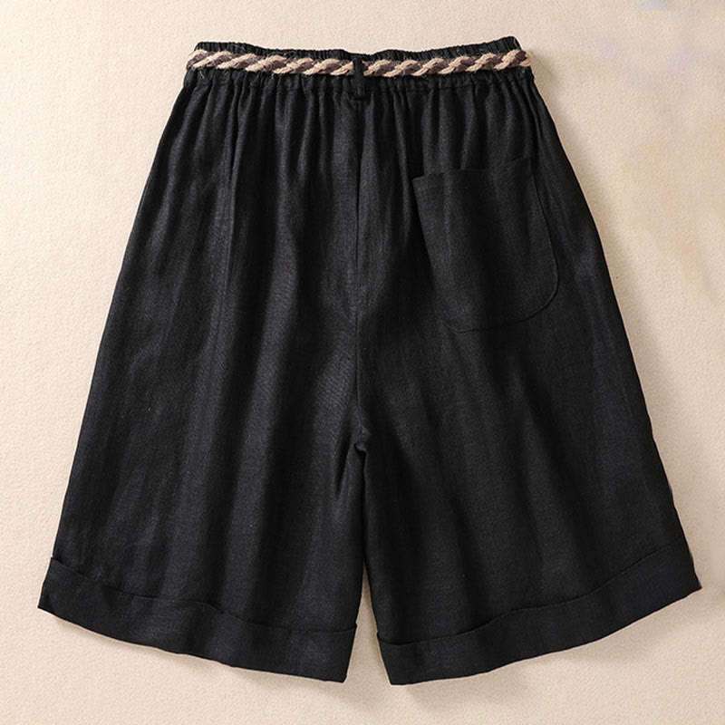 Buddha Stones Lässige, einfarbige Shorts aus Baumwollleinen mit umgeschlagenem Bündchen und Taschen - image 9