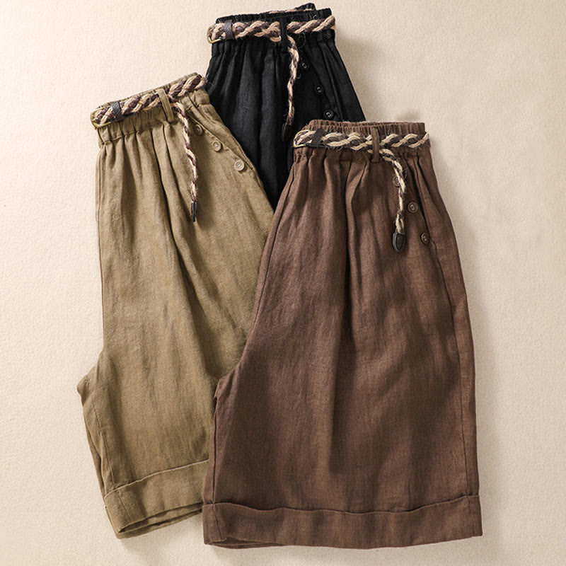 Buddha Stones Lässige, einfarbige Shorts aus Baumwollleinen mit umgeschlagenem Bündchen und Taschen - image 18