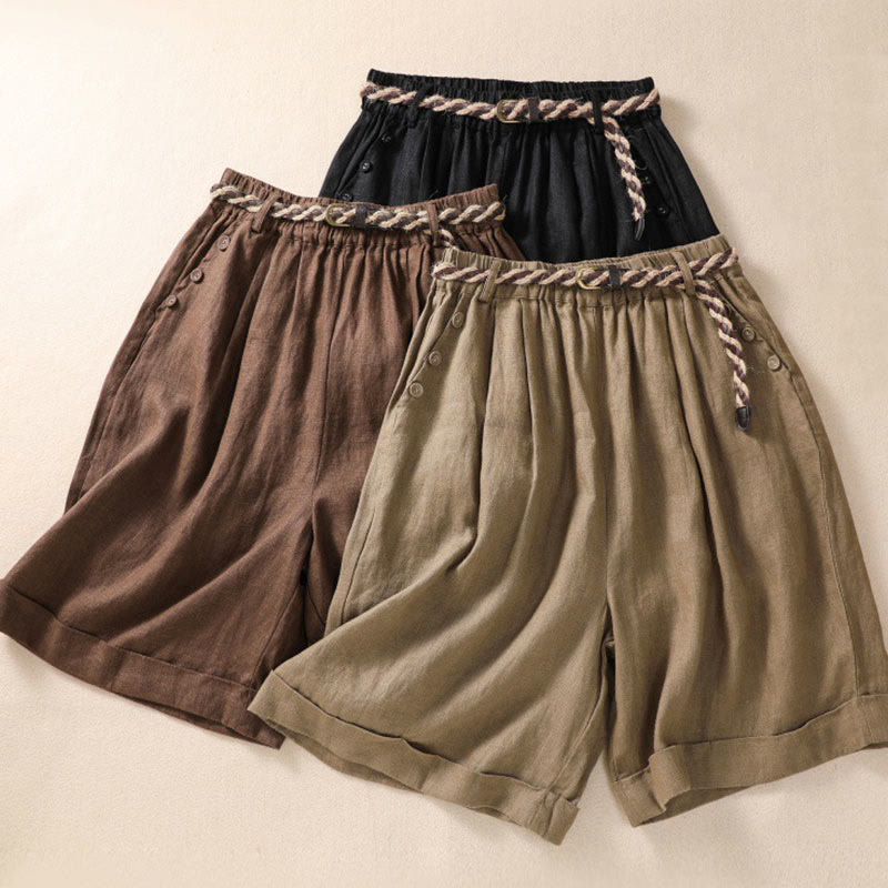 Buddha Stones Lässige, einfarbige Shorts aus Baumwollleinen mit umgeschlagenem Bündchen und Taschen - image 1