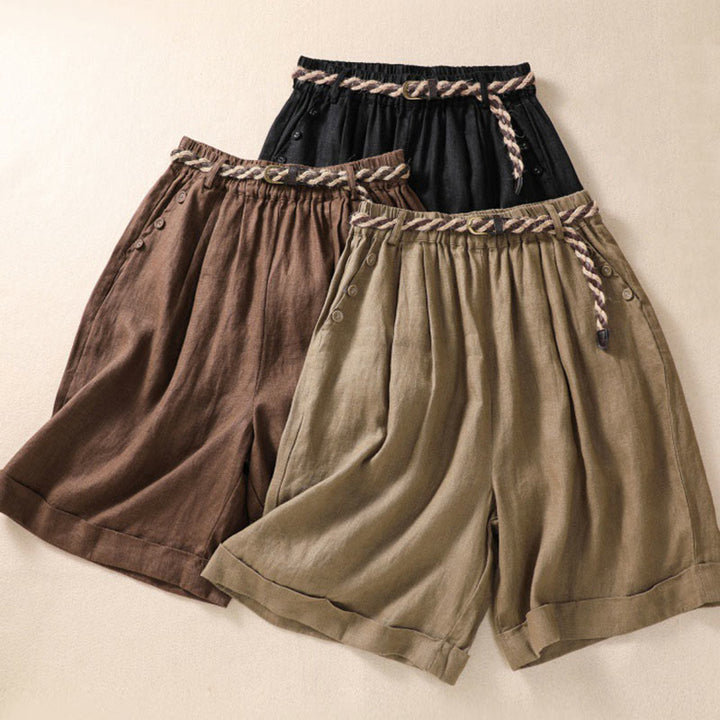 Buddha Stones Lässige, einfarbige Shorts aus Baumwollleinen mit umgeschlagenem Bündchen und Taschen - image 1