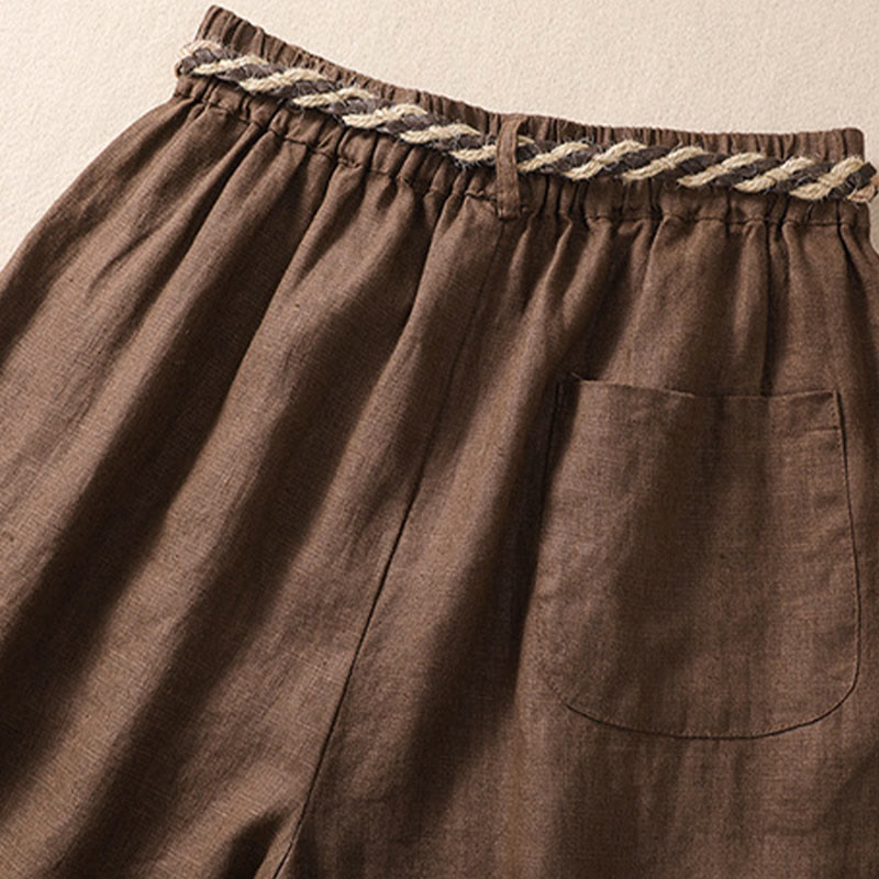 Buddha Stones Lässige, einfarbige Shorts aus Baumwollleinen mit umgeschlagenem Bündchen und Taschen - image 15