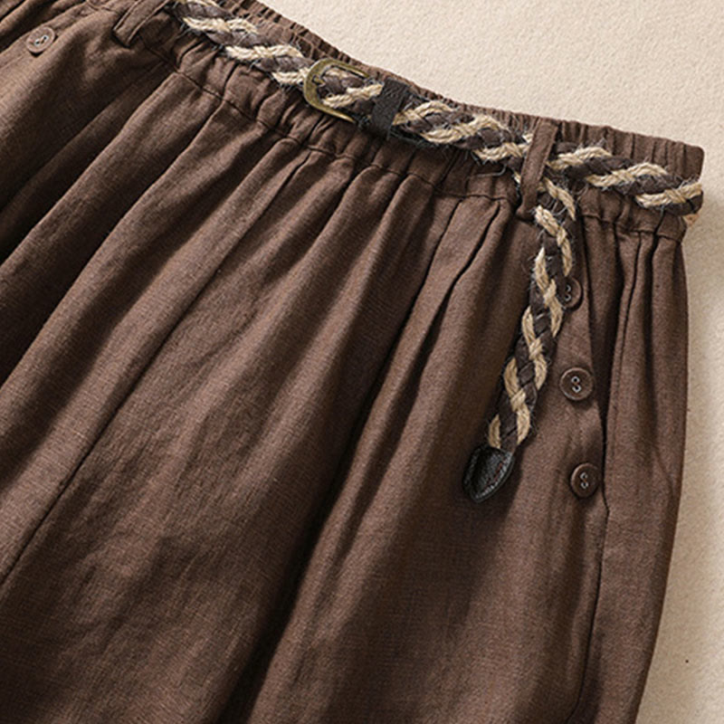 Buddha Stones Lässige, einfarbige Shorts aus Baumwollleinen mit umgeschlagenem Bündchen und Taschen